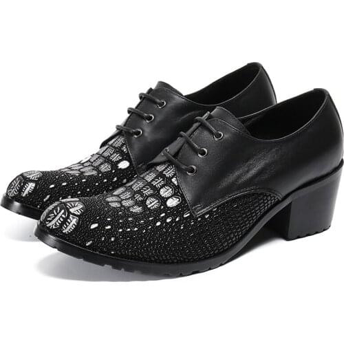 Italian Handmade Print Men Oxfords Shoes Lace Up High Heel Men Party Real Leather Shoes Large Size Business Office Derby Shoes