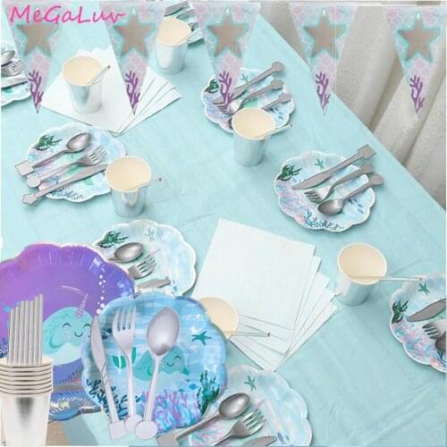 Narwhal ThemeTableware Set Party Paper Plates Cup Tablecloth Napkin Happy Brithday Banner Ocean Theme Party Decor Supplies