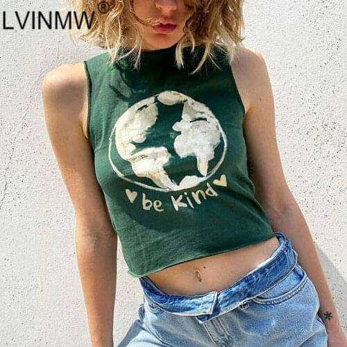 LVINMW Printing Basic Slim Girls Sleeveless Tank Tops Crew Neck Edge Curl Letter Daily Casual Wardrobe Women Crop Top Streetwear