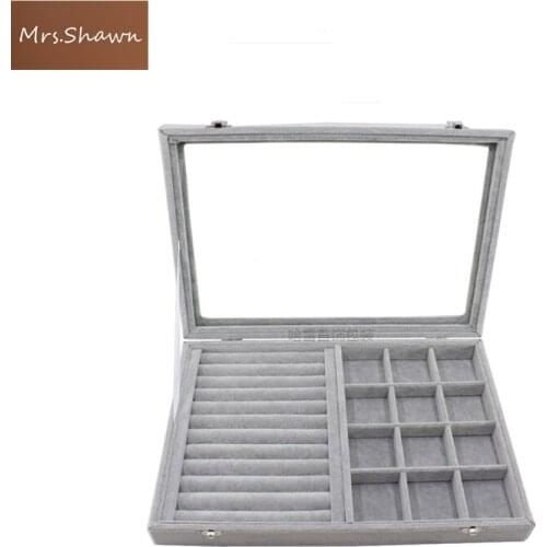 Mrs.Shawn Big Velvet Gray Carrying Case with Glass Cover Jewelry Ring Display Box Tray Holder Storage Box Organizer Earrings Ri