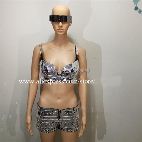 New Ballroom Sexy lady Shiny Sequined Bra Short Nightclub Party Sexy Evening Mirror Outfit Stage Performance DJ Dancer Clothes
