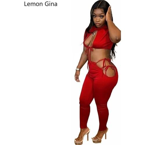 Lemon Gina Tight-fitting Lace Hollowed-out Jacket and Waist-leaking Trousers