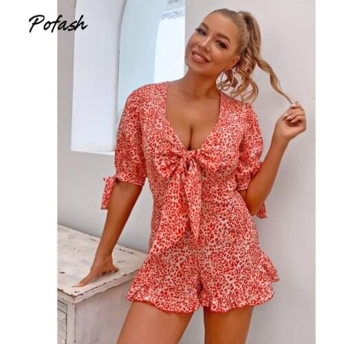 Pofash Leopard Print Summer Jumpsuits Women Clothing V Neck Sexy Hollow Out Backless Ruffle Rompers Bow Party Overalls 2021 Club