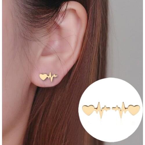 Romantic Simple Heart-shaped Heartbeat Earrings Charming Womens 3 Color Metal Stud Earrings Fashion Party Jewelry Accessories