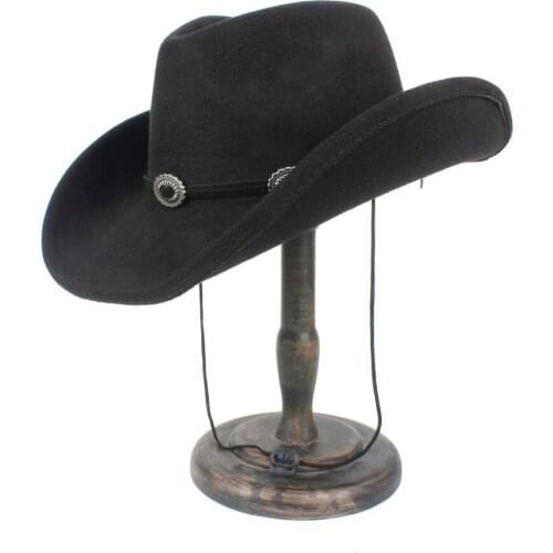 Wool Women Men Hollow Western Cowboy Hat Roll-up Brim Gentleman Outblack Sombrero Hombre Jazz Cap Wind Rope Size 56-58CM