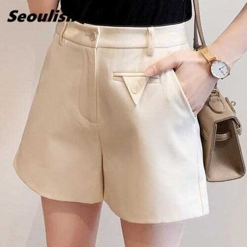 Seoulish 2021 New Summer Casual Womens Shorts Button High Waist Chic Wide Leg Shorts Female Solid Elegant Trousers Pocket
