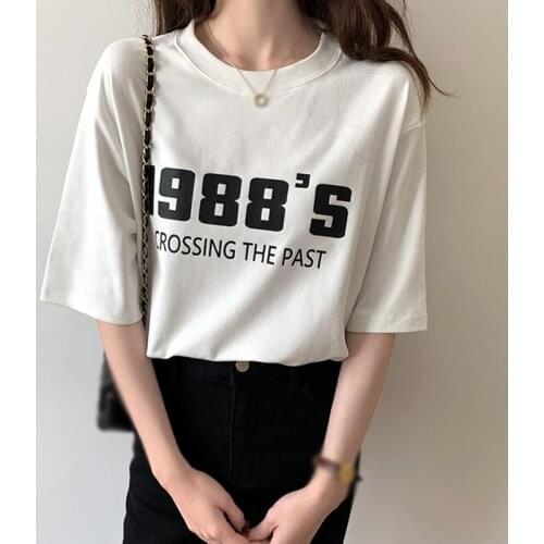 Women T-shirt Korean Round Neck Short Sleeve Tops Loose Summer Ladies Letter Print Clothing
