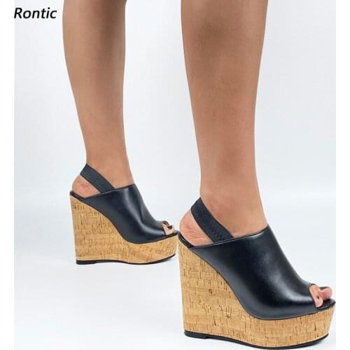 Rontic New Arrival Handmade Women Platform Sandals Unisex Comfort Wedges Heels Open Toe Elegant Black Dress Shoes US Size 5-20