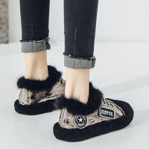 Womens Real Mink Fur Round Toe Bling Flats Warm Winter Snow Shoes Skateboard Zapatos De Mujer 2020