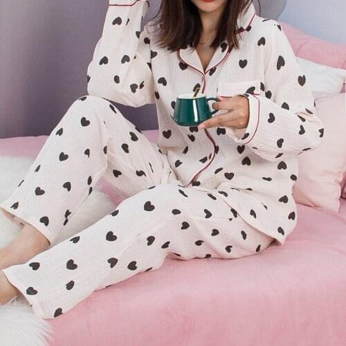 Ladies Autumn New Pyjamas Set Cute Cartoon Printed Sleepwear Soft Gauze Cotton Turn-Down Collar Full Sleeve Homewear Casual Wear