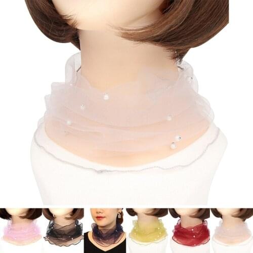 Women Scarf Fake Pearl Decorative Mesh Necklace Scarf Circle Scarf Summer Solid Color Scarves Soft Necklace Scarf Neck Scarves