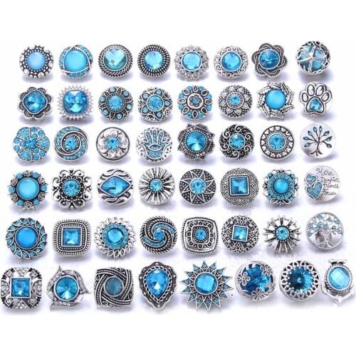 10pcs/lot Wholesale Snap Jewelry Mixed Lakeblue Rhinestone Flower Metal Charms 18mm 20mm Snap Button Jewelry for Snaps Bracelet