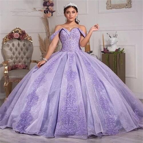 2022 Light Purple Princess Quinceanera Dresses Puffy Ball Gown Off Shoulder Appliques Sweet 15 16 Dress Graduation Prom Gowns
