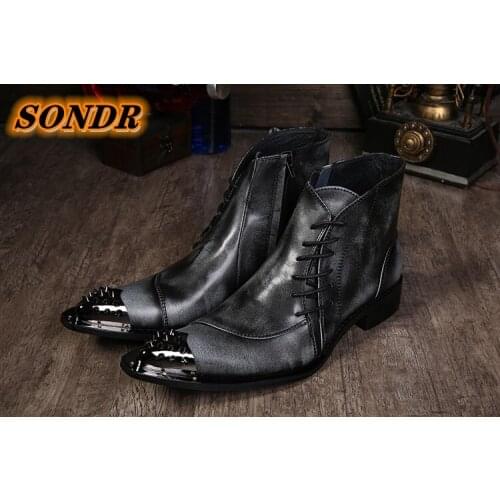 Men Boots Genuine Leather Rivets Lace Up Ankle Boots Men Martens Iron Pointed Toe Retro Fashion Casual Shoes Zapatos Hombre