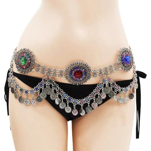 Gypsy Coin Long Tassel Dance Belt Belly Chains Colorful Rhinestone Flower Body Waist Chains Indian Turkish Tribal Summer Jewelry