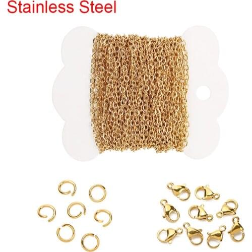 5meters Stainless Steel Link Chains Bulk 2mm Golden Color Lobster Clasps Necklace Rolo Chains for Diy Bracelet Jewelry Making