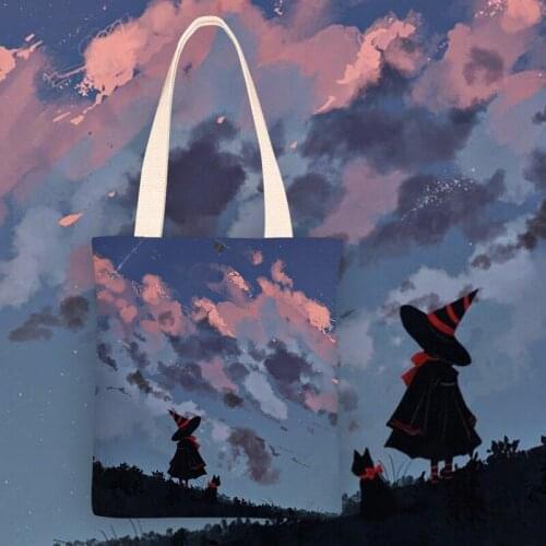 Halloween Element Little Witch Back View Hand-Painted Shoulder Bag Women Soft Velvet Canvas Handbags Tote Bag ECO Shopper Bags