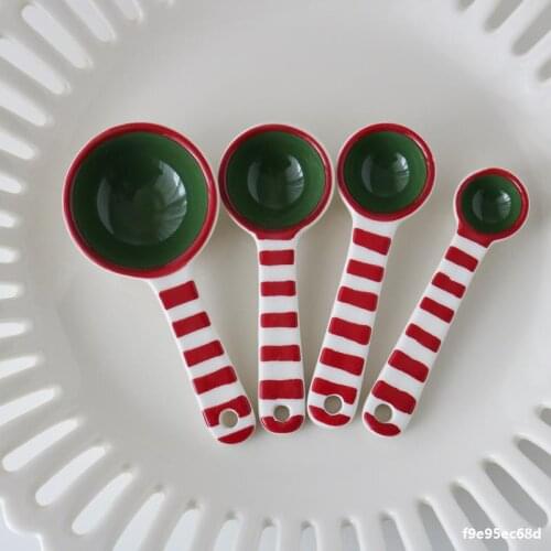 Ceramic Red Green Stripe Christmas Kitchen Baking Spoon Teaspoon Milk Powder Spoon