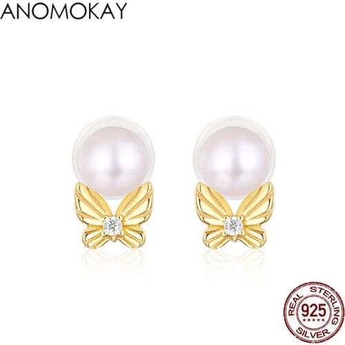 Anomokay Classic Gold Color Butterfly Stud Earrings for Women Girl Gift Fine Round Pearl Earring 925 Silver Jewelry