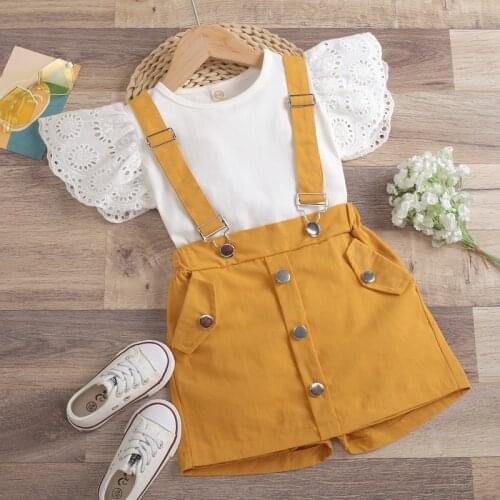 Girls Clothes Sets Hollow Ruffle Sleeves T-Shirt of Overalls Skirt