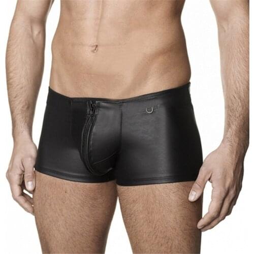 Mens Leather Boxer Shorts Trunk Black Sexy Zip Open Crotch Boxer Homme Gay Fetish Vinyl Clubwear Leather Male Underwear Boxers