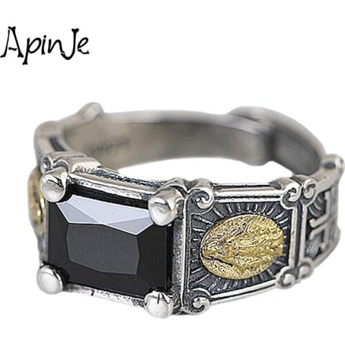 Apinje Real Solid 925 Silver Black Stone Ring for Men Zircon Mens Vintage Jewelry Opening Adjustable Rings