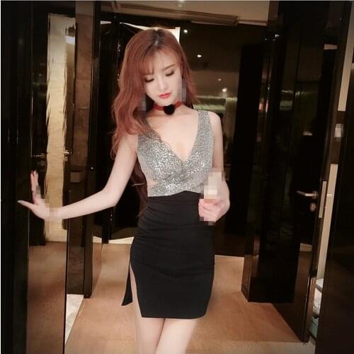 C2131 2020 new summer Nightclub womens fashion sparkly sequined sexy low-cut v-neck short section dress cheap wholesale