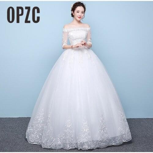 2018 New Arrival Embroidery Appliques Half Sleeve Wedding Dress Lace Boat Neck Lace Up Ball Gown Princess Vintage Bride Dress