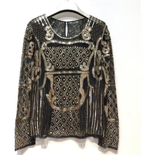 Autumn Fashion Casual O-neck Mesh Straight Bead Sequined Hollow Out Long Sleeve 2 Colors Vintage T Shirt Women 21110