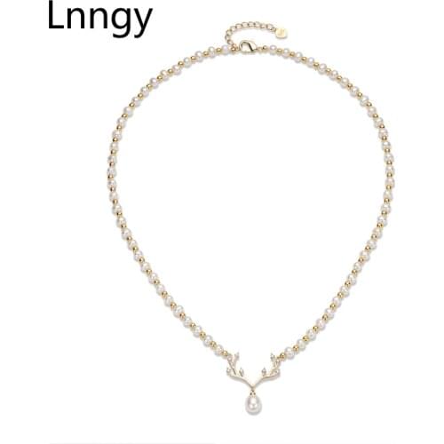 Lnngy 14K Gold Filled Chain Necklaces 45+4CM Pendant Collar Natural Freshwater White Pearl Antler Necklace Women Pearl Jewelry