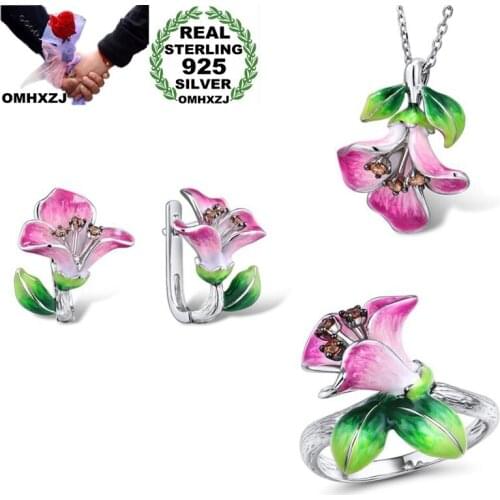 OMHXZJ Wholesale JE43 Fashion Woman Party Birthday Wedding Gift Flower 925 Sterling Silver Necklace+Earrings+Ring Jewelry Set