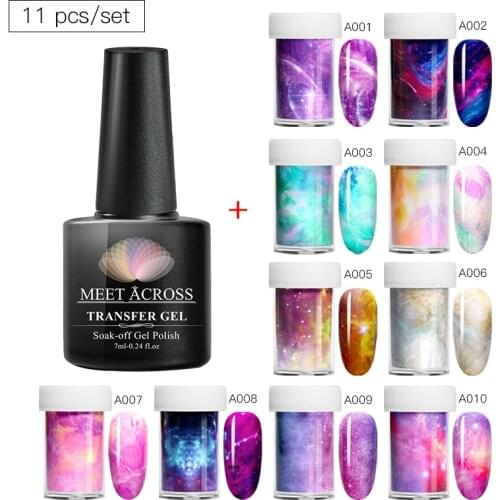 MEET ACROSS 7ml Nail Foil Transfer Sticker Gel Set Adhesive Wraps Nail Art Water Stickers Decals Starry Sky Gel Slider Manicure