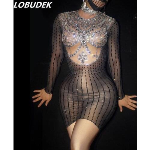 Fashion Prom Birthday Party Rhinestones Dress Elastic Transparent Mesh Package Hips Short Dress Singer Dancer Show Costume Lady