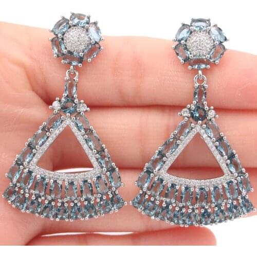 51x30mm Romantic Created Long Big 12g London Blue Topaz CZ SheCrown Ladies Party Silver Earrings