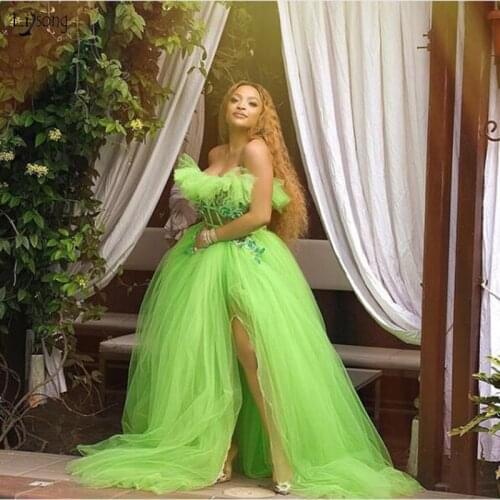 Sexy Neon Green High Side Split Prom Gowns 2020 Long Tulle Women Dresses To Party Appliques A-line Lady Gowns Dress