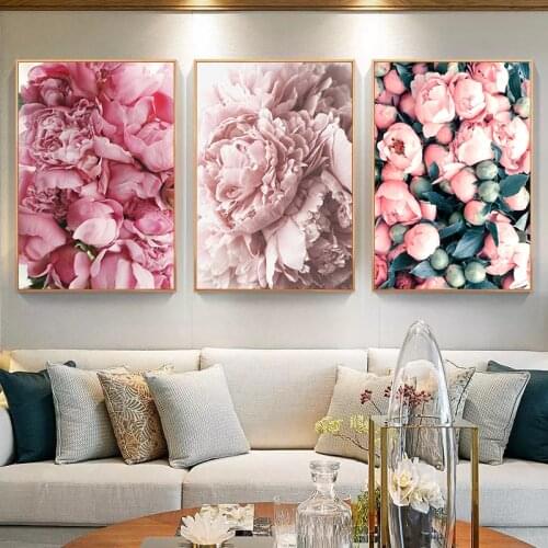 Nordic Flowers Roses Restaurant Murals Green Plants Living Room Decoration Painting Pink Flowers Canvas Painting Core