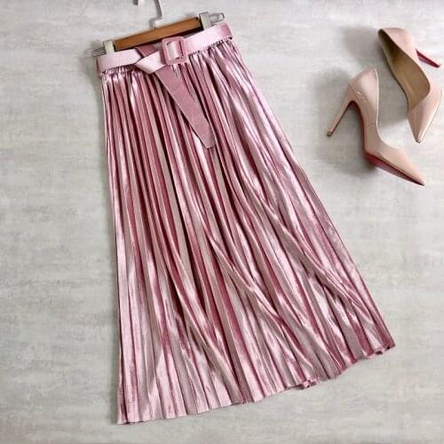 Women Winter Belt Pleated Skirts Velvet Metallic Color Shiny Midi Skirts Sashes Office Lady High Waist Mid Calf Long Skirts