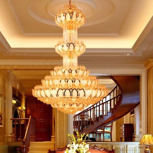 Gold Crystal Chandelier Lighting Fixture LED Crystal Chandeliers Lotus Long Big Hanging Lamps Hotel Lobby Hall Villa Droplight