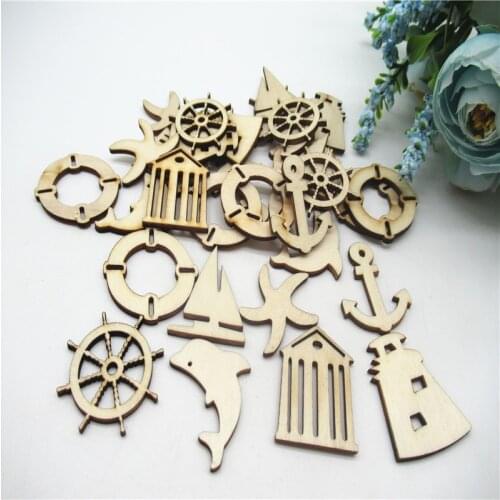 20/50pcs 3cm natural Wood cut Hollow Harbor Series Lighthouse Ship Rudder Anchor whale Scrapbook Handmade Carft decoration diy
