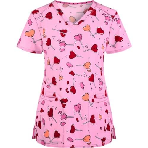 40# Women love Pockets T-shirts tops Fashion Short Sleeve Neck Tops Working Uniform T-shirts Tunics Nurse uniform Loose T-shirt