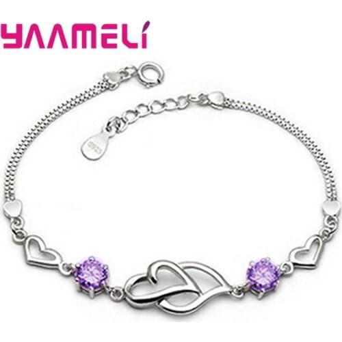 Christmas New Year Valentines Gift for Women Girlfriend 100% 925 Sterling Silver Hearts Austria Crystal Bracelets