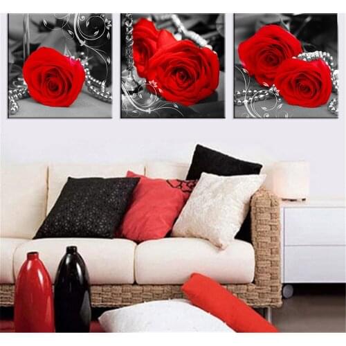 Modular Picture 5D Diamond Embroidery red ros Flowers Vase tableware diamond painting Nordic Style 3pcs Kitchen Decor mosaic art