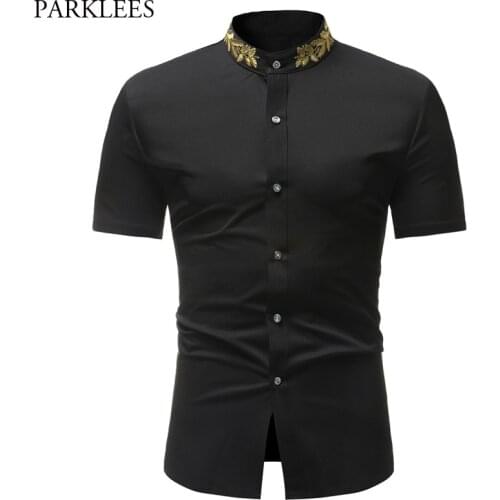 Mens Hipster Embroidery Shirt 2018 Summer New Mandarin Collar Short Sleeve Shirt Men Casual Business Dress Shirts Chemise Homme
