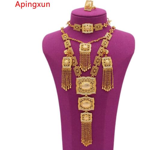 PINXUN Tassles Jewelry Set Dubai Gold Color Four-pieces Suit of Jewelry For Women African Ethiopia Bridal Wedding Party Gifts