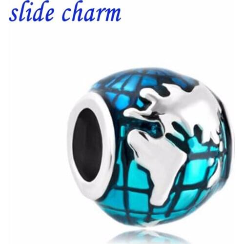 Slide charm Free shipping blue enamel egg earth charm beads fit Pandora bracelet