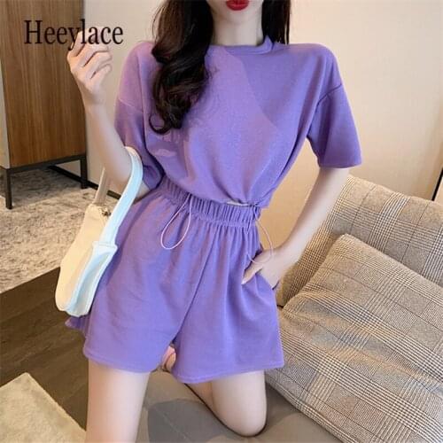 Women 2 Piece Sets Korean Summer 2021 New Round Collar Short Sleeve T-shirt + Shorts Suits Fashion Outsits Female Sportswer