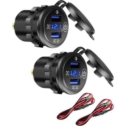 2Pack 12V USB Outlet, QC 3.0 Dual USB Car Charger with Press Switch and Voltmeter for 12V/24V Motorcycle Car Bus Truck