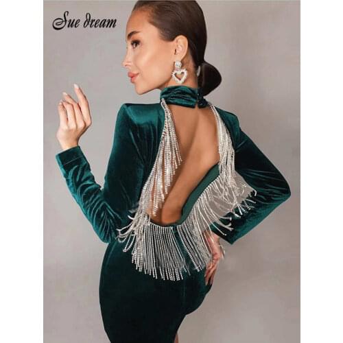 2020 Winter Women Sexy Backless Diamond Tassel Green Black Velvet Dress Fashion Celebrity Evening Party Dress Vestidos