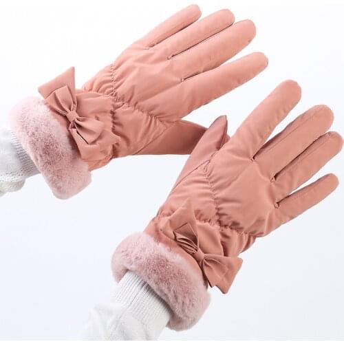 2021 Winter Womens Gloves Coral Velvet Fashion Bow Thickening Outdoor Warm Cycling Driving Hiking Touch Screen Windproof Gloves