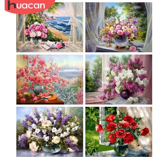 HUACAN 5d Diamond Painting Flower Mosaic Window DIY Diamond Embroidery Vase Handicraft Home Decor Kits